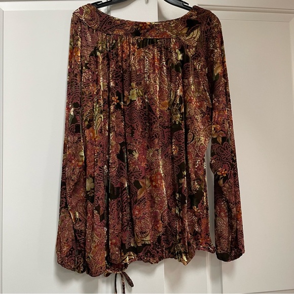 Chico’s Vintage Burnout Metallic Velvet Elastic Waist Wrist Tie Blouson Top - Picture 7 of 9